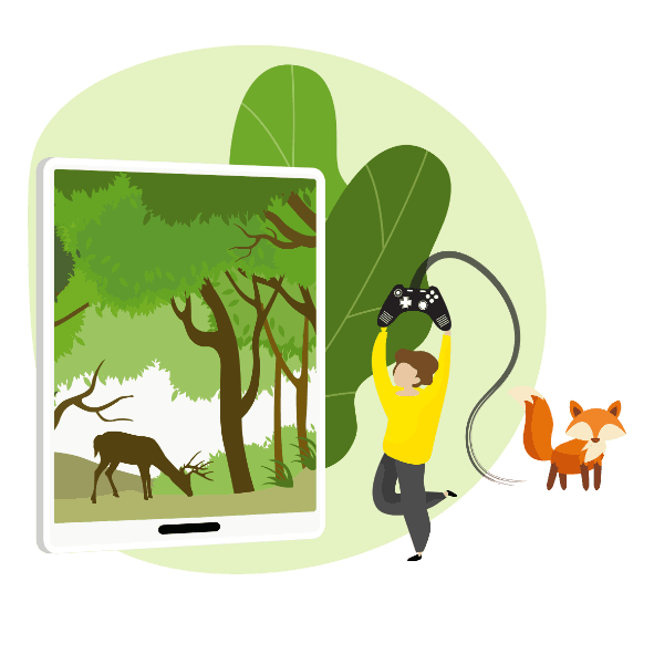 Un enfant manette en main devant une tablette géante ouvrant sur une forêt et sa faune